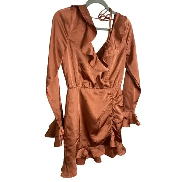 MAJORELLE Nelly Mini Dress Surplice Shirred Ruffle Detail Terracotta Brown Small